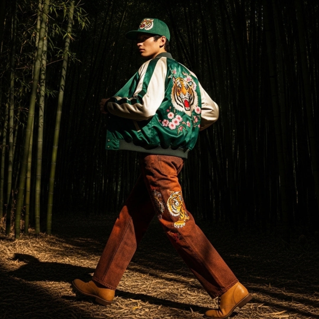 A green and cream sukajan with a tiger on the back, worn with rust-coloured denim and tan boots in a bamboo grove