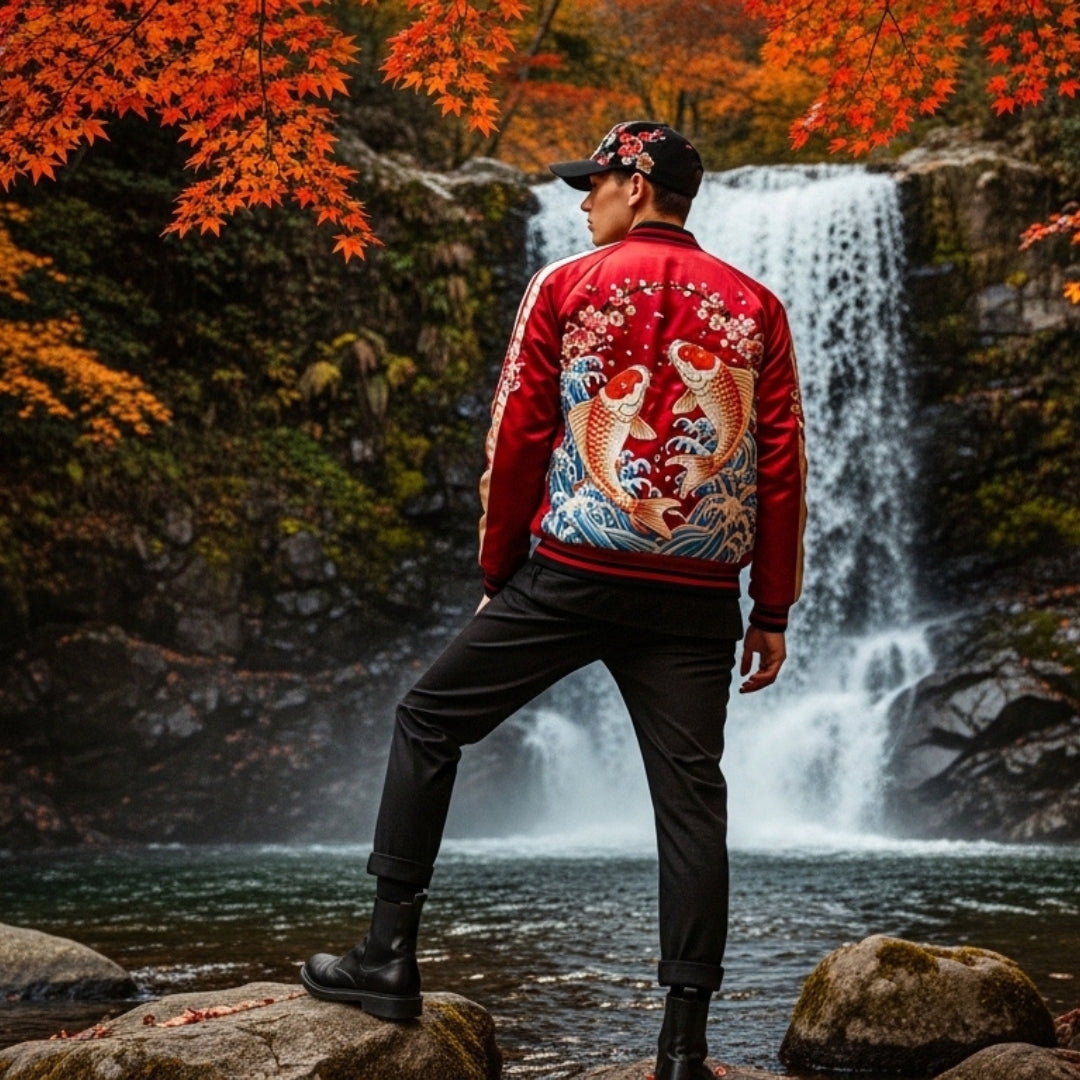 A red sukajan with embroidered koi on the back, worn with black trousers and black boots by a waterfall