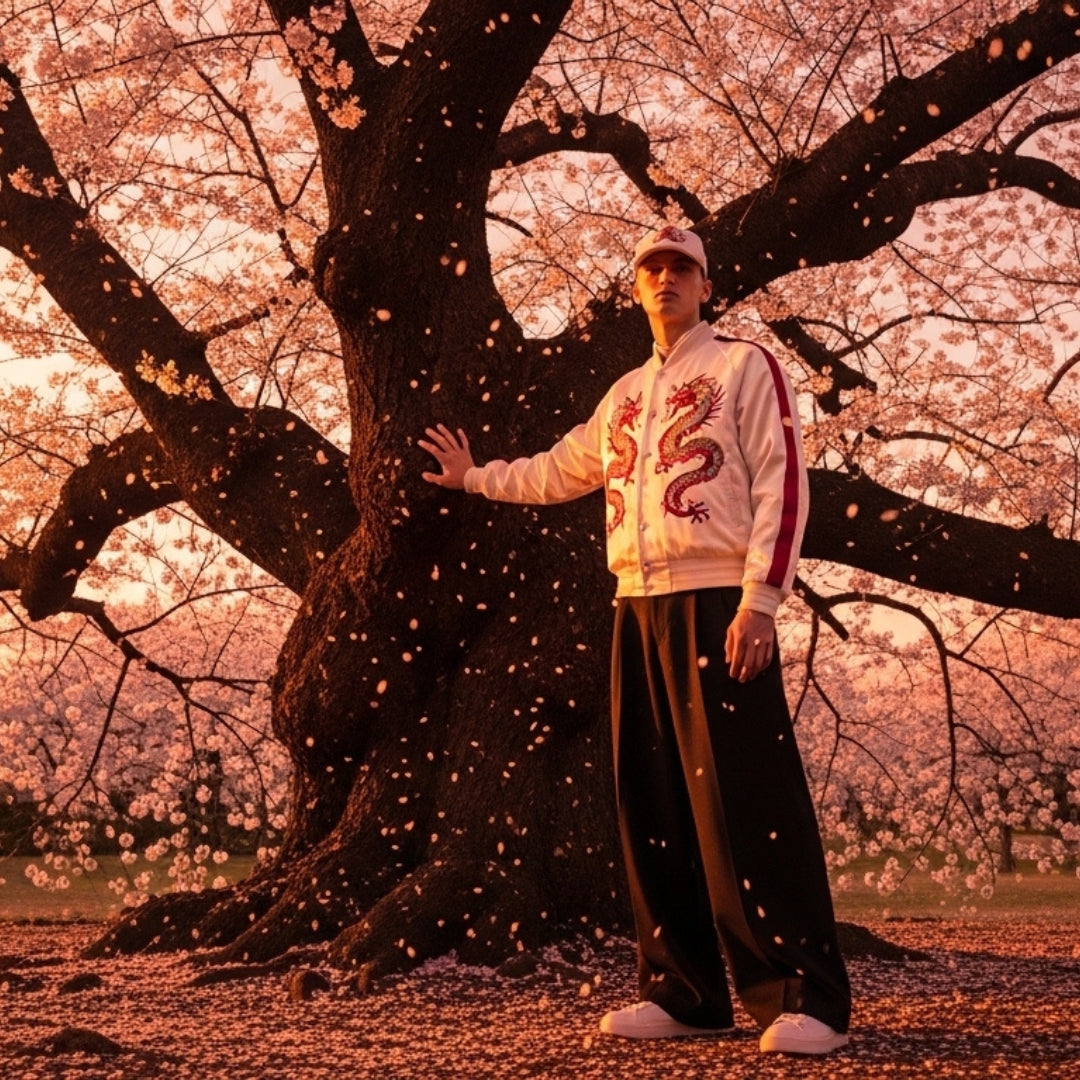 A cream sukajan with a red embroidered dragon on the chest, worn under a cherry tree in blossom